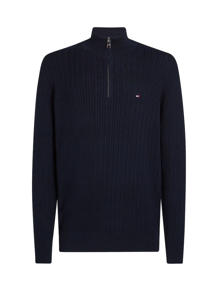 Tommy Hilfiger Blue 100% Cotton Herringbone Quarter Zip Mock Jumper - Image 5 of 6