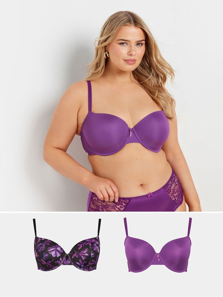 Yours Curve Purple Floral Padded Bras 2 Pack - Image 1 of 7