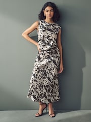 Brown Cow Animal Print Sleeveless Satin Drape Waist Detail Midi Dress - Image 1 of 7