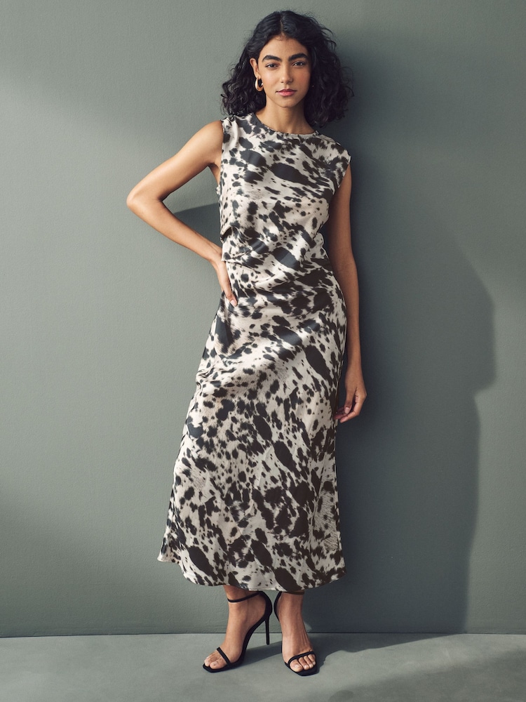 Brown Cow Animal Print Sleeveless Satin Drape Waist Detail Midi Dress - Image 1 of 7