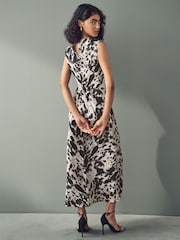 Brown Cow Animal Print Sleeveless Satin Drape Waist Detail Midi Dress - Image 2 of 7