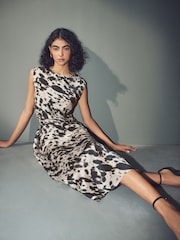 Brown Cow Animal Print Sleeveless Satin Drape Waist Detail Midi Dress - Image 3 of 7