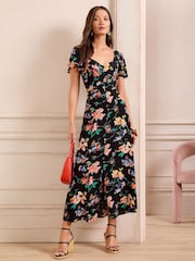 Noir Fleuri  - Robe mi-longue Love & Roses à manches courtes et encolure en cœur - Image 1 de 5