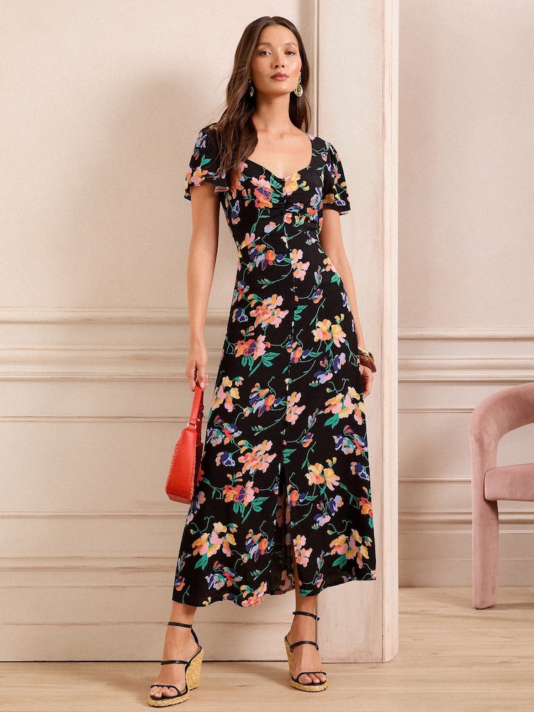 Noir Fleuri  - Robe mi-longue Love & Roses à manches courtes et encolure en cœur - Image 1 of 5