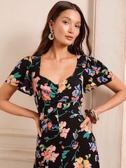 Noir Fleuri  - Robe mi-longue Love & Roses à manches courtes et encolure en cœur - Image 2 de 5