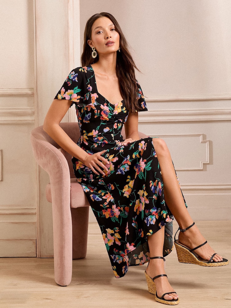 Noir Fleuri  - Robe mi-longue Love & Roses à manches courtes et encolure en cœur - Image 3 of 5