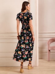 Noir Fleuri  - Robe mi-longue Love & Roses à manches courtes et encolure en cœur - Image 4 de 5