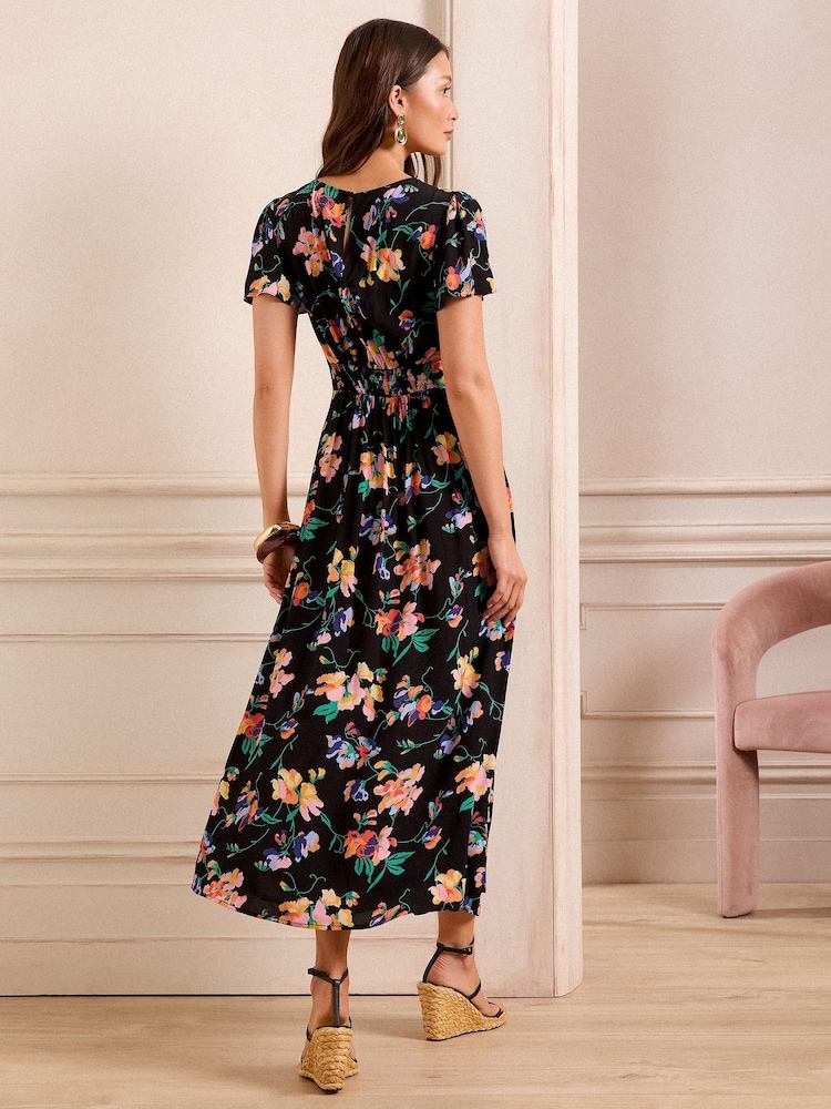 Noir Fleuri  - Robe mi-longue Love & Roses à manches courtes et encolure en cœur - Image 4 of 5