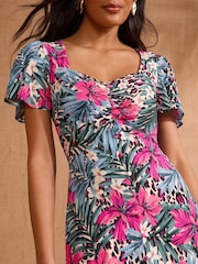 Love & Roses Blue Tropical Sweetheart Neck Short Sleeve Midi Dress - Image 2 of 4