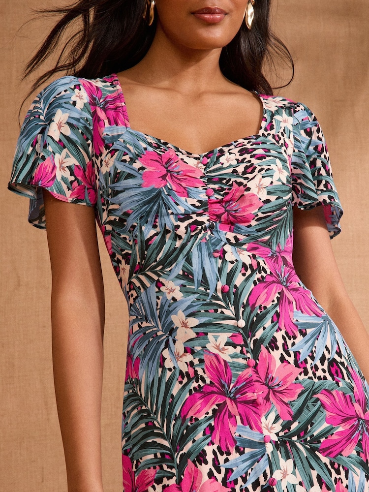 Love & Roses Blue Tropical Sweetheart Neck Short Sleeve Midi Dress - Image 2 of 4