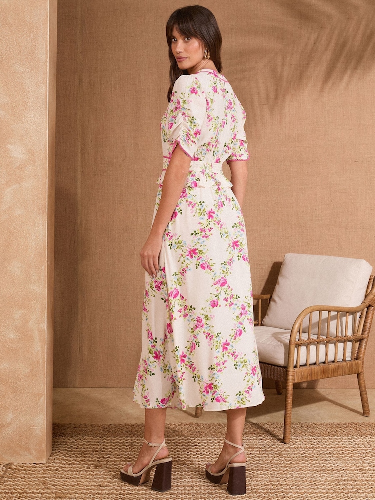 Ivoorkleurig met bloemenprint - Love & Roses Peplum Tea Midi Dress - Image 3 of 4