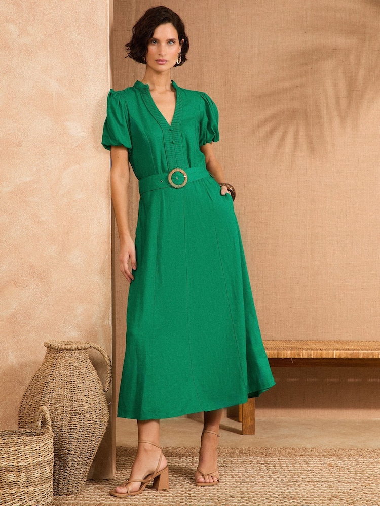 Vert - Robe mi-longue Love & Roses col en V à ceinture et manches bouffantes - Image 1 of 4