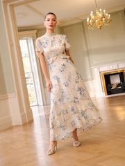 Love & Roses Ivory Floral Embellished Metallic High Neck Ruffle Peplum Midi Dress - Image 1 of 5
