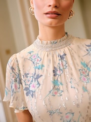Love & Roses Ivory Floral Embellished Metallic High Neck Ruffle Peplum Midi Dress - Image 2 of 5