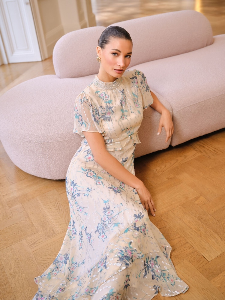 Love & Roses Ivory Floral Embellished Metallic High Neck Ruffle Peplum Midi Dress - Image 3 of 5