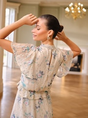 Love & Roses Ivory Floral Embellished Metallic High Neck Ruffle Peplum Midi Dress - Image 5 of 5