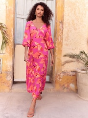 Love & Roses Pink Palm Printed V-Neck Puff Sleeve Midi Dress - Image 1 of 4