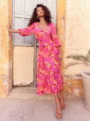 Love & Roses Pink Palm Printed V-Neck Puff Sleeve Midi Dress - Image 2 of 4