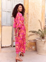 Love & Roses Pink Palm Printed V-Neck Puff Sleeve Midi Dress - Image 3 of 4
