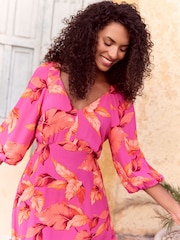 Love & Roses Pink Palm Printed V-Neck Puff Sleeve Midi Dress - Image 4 of 4