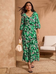 Love & Roses Green Animal Print Printed V-Neck Puff Sleeve Midi Dress - Image 1 of 4