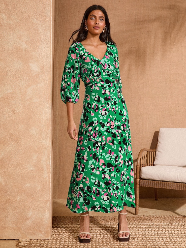 Love & Roses Green Animal Print Printed V-Neck Puff Sleeve Midi Dress - Image 4 of 4