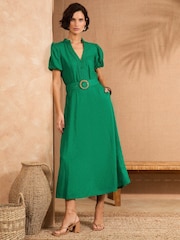 Love & Roses Green Petite V-Neck Belted Puff Sleeve Midi Dress - Image 1 of 4
