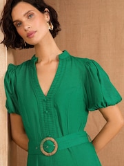 Love & Roses Green Petite V-Neck Belted Puff Sleeve Midi Dress - Image 2 of 4
