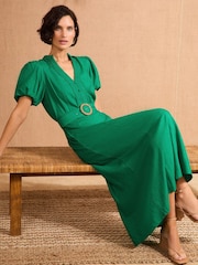 Love & Roses Green Petite V-Neck Belted Puff Sleeve Midi Dress - Image 3 of 4