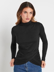 Long Tall Sally Black High Neck Drape Ruched Top - Image 1 of 5