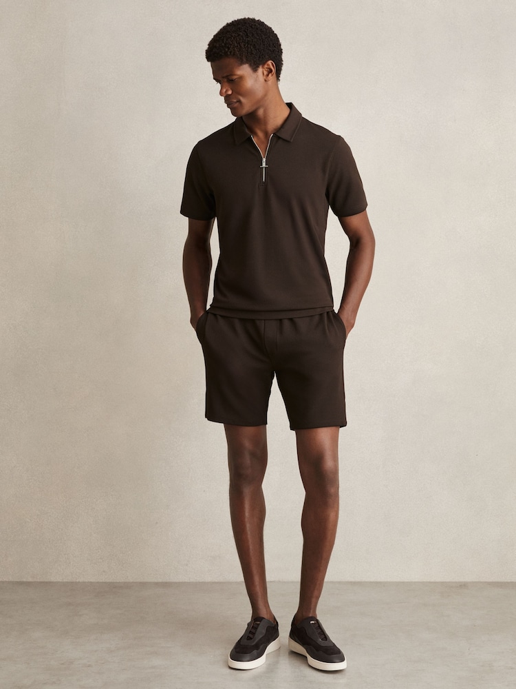 Reiss Chocolate Brown Albany Textured Half-Zip Polo Shirt - Image 3 of 6