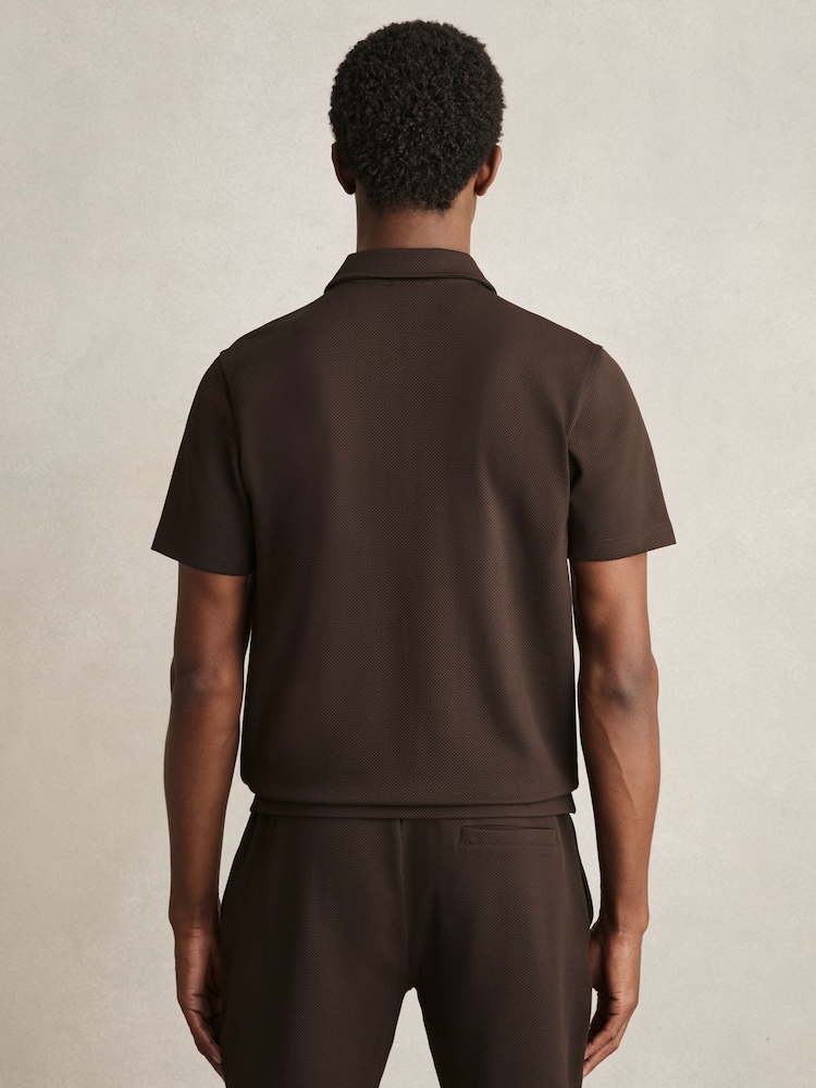 Reiss Chocolate Brown Albany Textured Half-Zip Polo Shirt - Image 5 of 6