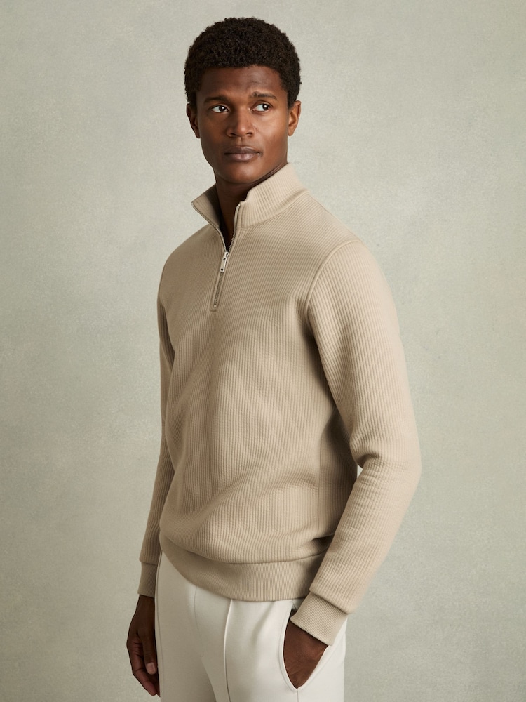 Reiss Taupe Ashby Half-Zip Funnel-Neck Jumper - Image 1 of 7
