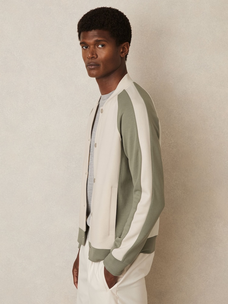 Reiss Off White/Sage Pelham Interlock Colour-Block Bomber Jacket - Image 3 of 7