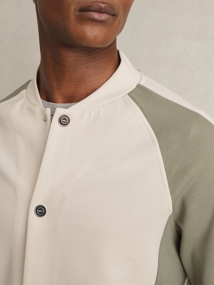 Reiss Off White/Sage Pelham Interlock Colour-Block Bomber Jacket - Image 4 of 7