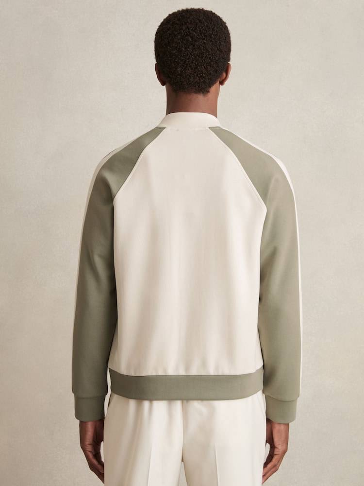 Reiss Off White/Sage Pelham Interlock Colour-Block Bomber Jacket - Image 5 of 7
