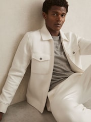 Reiss White Bowen Jersey Ribbed Zip Overshirt - Image 1 of 7