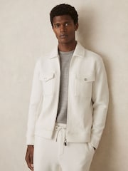 Reiss White Bowen Jersey Ribbed Zip Overshirt - Image 6 of 7