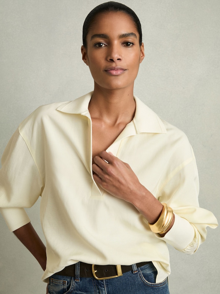 Reiss Pale Yellow Isobel Overhead Open-Collar Shirt With Linen - Image 1 of 6
