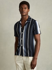 Reiss Navy Multi Albers Striped Cuban-Collar Shirt - Image 1 of 6