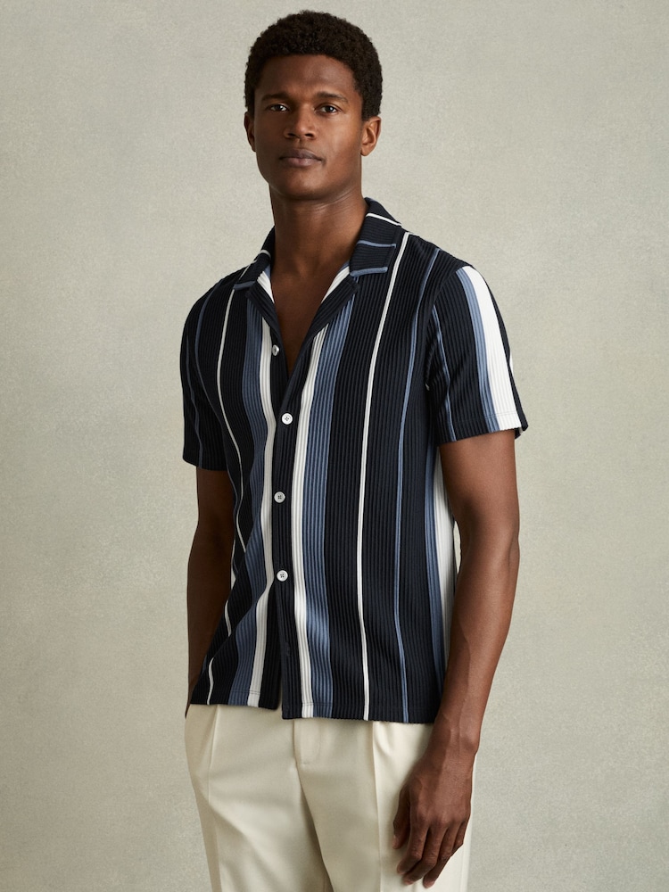 Reiss Navy Multi Albers Striped Cuban-Collar Shirt - Image 1 of 6