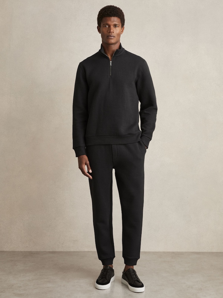 Reiss Washed Black Bow Cotton-Blend Ribbed Drawstring Joggers - Image 1 of 6