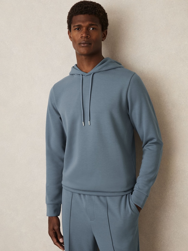 Reiss Airforce Blue Fabien Interlock Jersey Drawstring Hoodie - Image 1 of 6