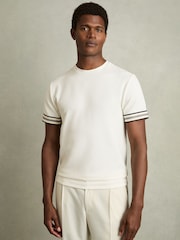 Reiss White Emmerson Tape-Cuff Textured T-Shirt - Image 1 of 6