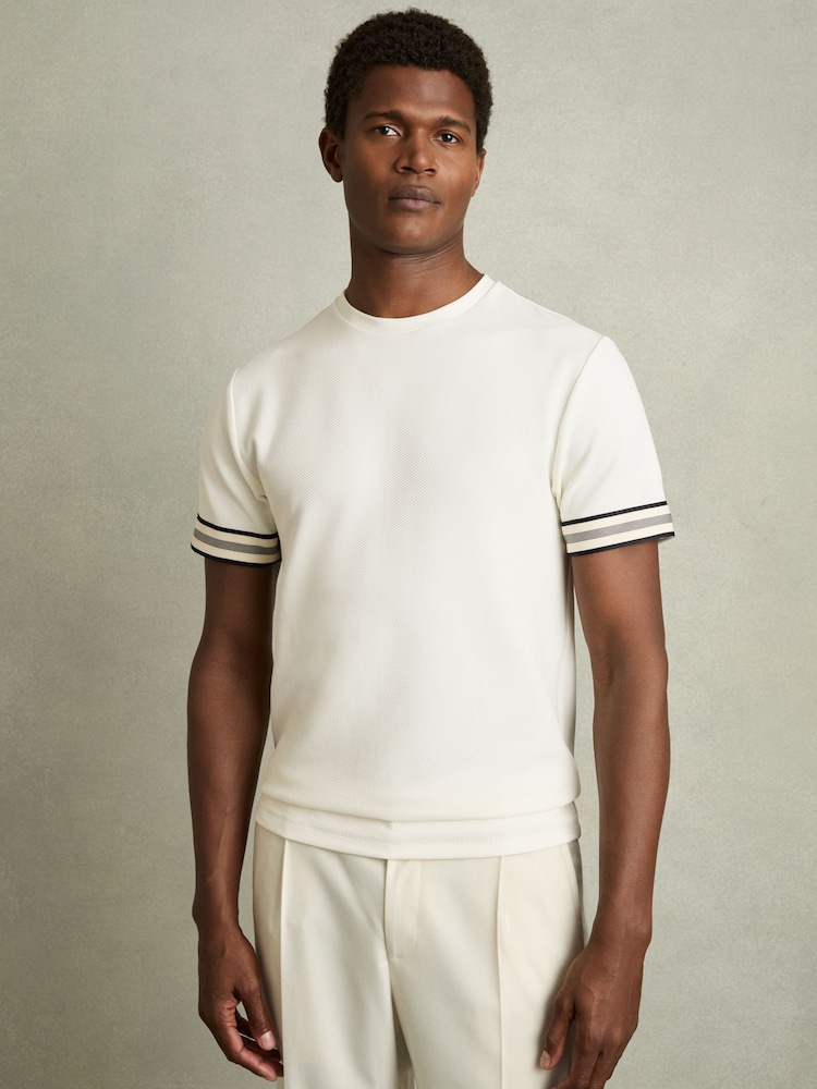 Reiss White Emmerson Tape-Cuff Textured T-Shirt - Image 1 of 6