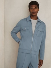 Reiss Airforce Blue Medina Interlock Jersey Zip-Through Overshirt - Image 1 of 6