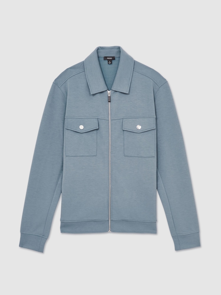 Reiss Airforce Blue Medina Interlock Jersey Zip-Through Overshirt - Image 2 of 6
