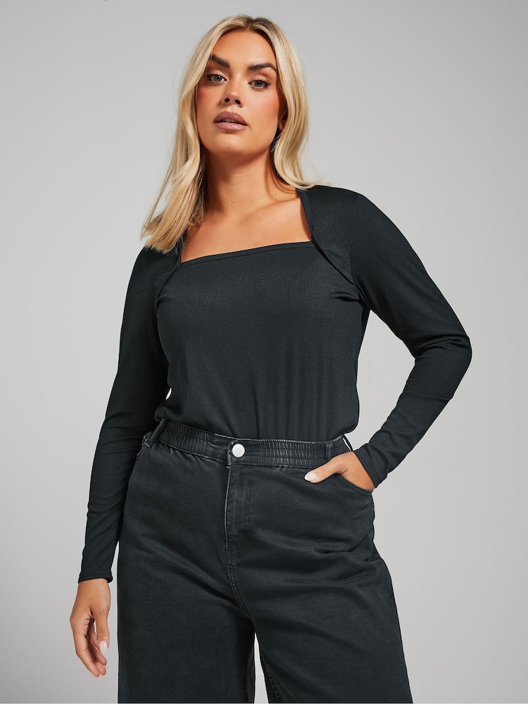 Yours Curve Black Bolero Neckline Ribbed Top - Image 1 of 4