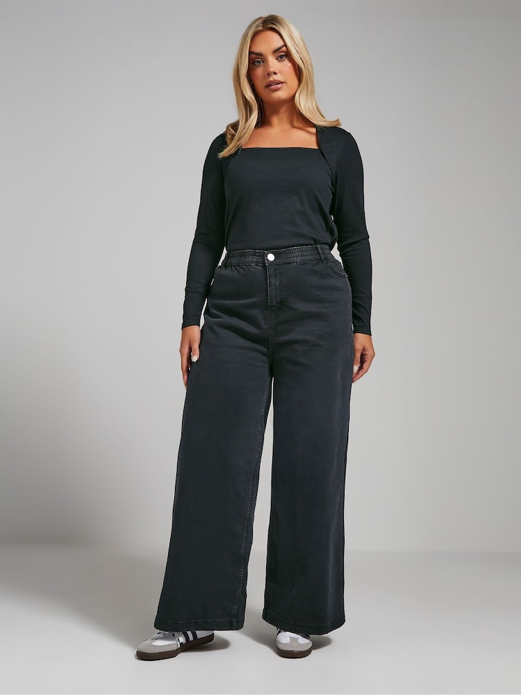 Yours Curve Black Bolero Neckline Ribbed Top - Image 2 of 4