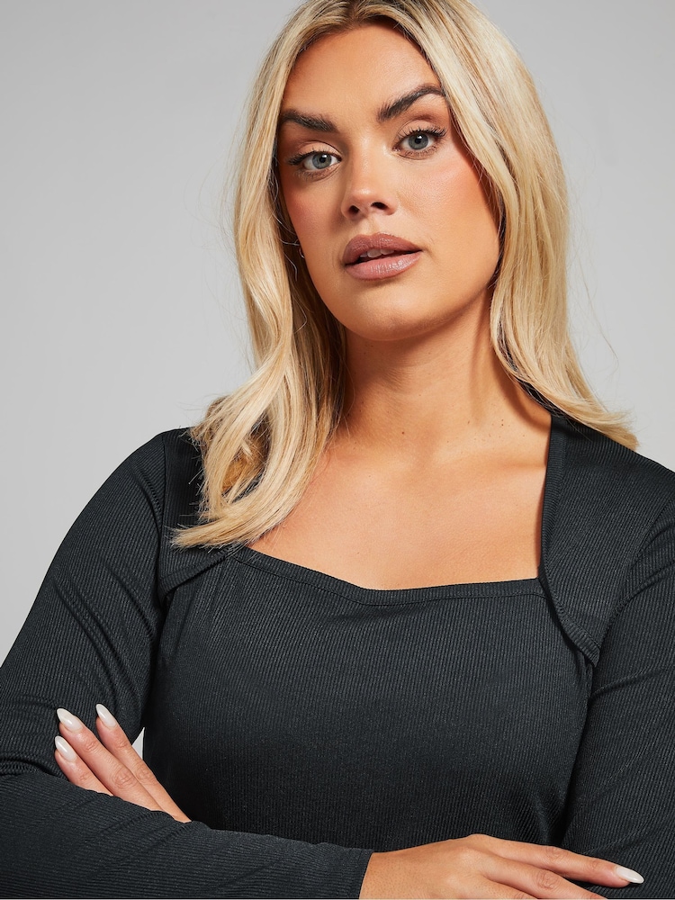 Yours Curve Black Bolero Neckline Ribbed Top - Image 4 of 4